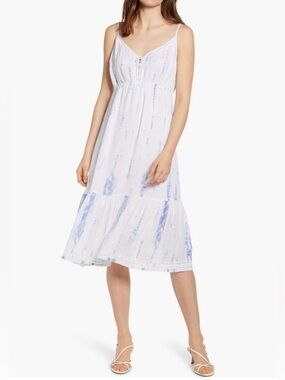 White linen blend midi dress with Light Blue Tie-Dye